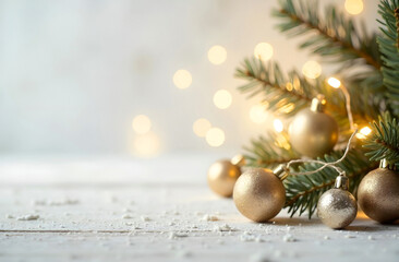 Wall Mural - christmas background with christmas tree, golden balls and lights. copy space on the left side.