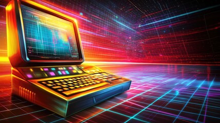 Canvas Print - Retro Futuristic Computer in a Vibrant Neon Environment