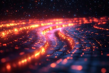 Wall Mural - futuristic 3d rendering of an abstract technology concept, showcasing a cyberspace background filled with digital elements, symbols, and flowing data streams, representing advanced technology visions