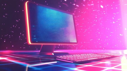 Wall Mural - Futuristic desktop computer with glowing neon lights in a digital space