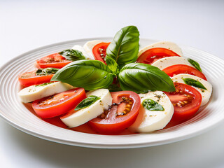 Italian caprese salad with tomatoes and basil on a white background