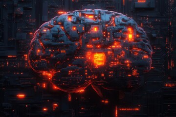 Wall Mural - illustration depicting a human brain integrated with computer elements, showcasing the fusion of technology and intellect in an imaginative and thought-provoking design