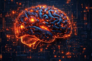 Wall Mural - illustration depicting a human brain integrated with computer elements, showcasing the fusion of technology and intellect in an imaginative and thought-provoking design