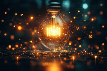 Wall Mural - innovative digital marketing concept illustrated with a light bulb surrounded by business icons and network connections, showcasing creativity and technology in business growth