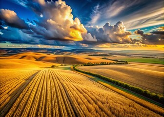 Wall Mural - Captivating Aerial View of Golden Wheat Fields Under a Dramatic Sky with Clouds and Rolling Hills During Harvest Season - Nature's Bounty in Full Display