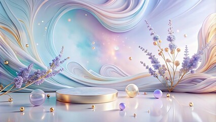 Wall Mural - abstract dreamy scene with pastel hues, delicate flowers, and a marble podium
