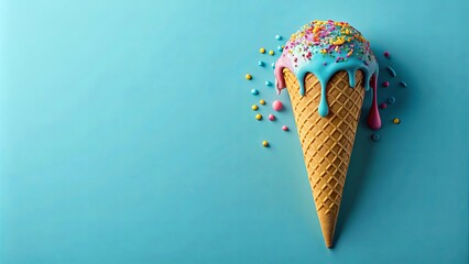 Wall Mural - Melted Ice Cream Cone with Sprinkles on a Blue Background