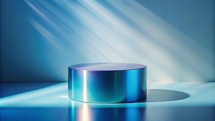 Wall Mural - a cylindrical platform illuminated by a soft, blue light in a minimalist setting