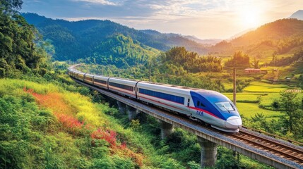 Poster - Scenic High-Speed Train Passing Through Lush Green Mountain Landscape