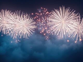 sparkling white fireworks exploding in a cloud of smoke, fireworks explosion, radiant sparks, dark c