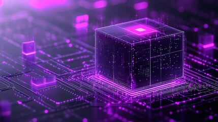 Futuristic purple digital cube on circuit board.