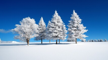 Wall Mural - A serene winter scene showcasing snow-covered trees against a vibrant blue sky.