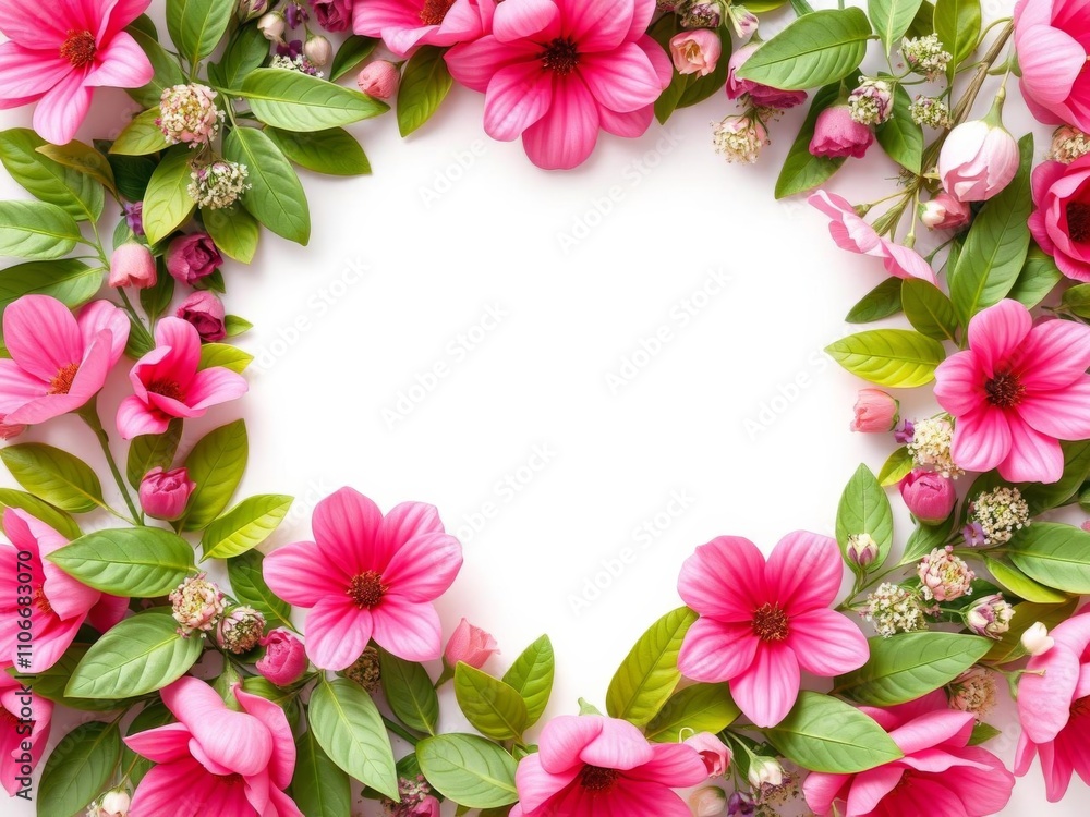 Pink flower frame with white circle center, green leaf and floral ...