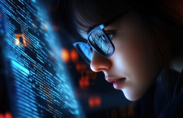 Wall Mural - a focused young woman with glasses examines glowing data on a screen, immersed in the digital world,