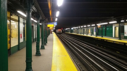 Aufkleber - Empty Subway Station Platform with Yellow Line and Green Columns