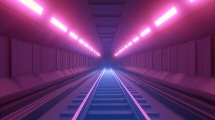 Fototapete - Futuristic Underground Tunnel with Neon Lights and Railway Tracks