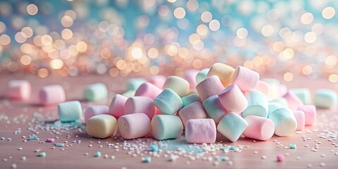 Wall Mural - A delightful pile of pastel marshmallows scattered on a sugared surface with a bokeh background