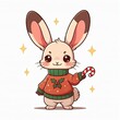 © SIdiq - Chibi bunny design with Christmas sweater and candy cane in its paw, surrounded by stars, plain white background.