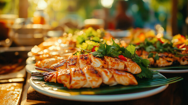 grilled seafood platter garnished with fresh herbs and spices outdoors.