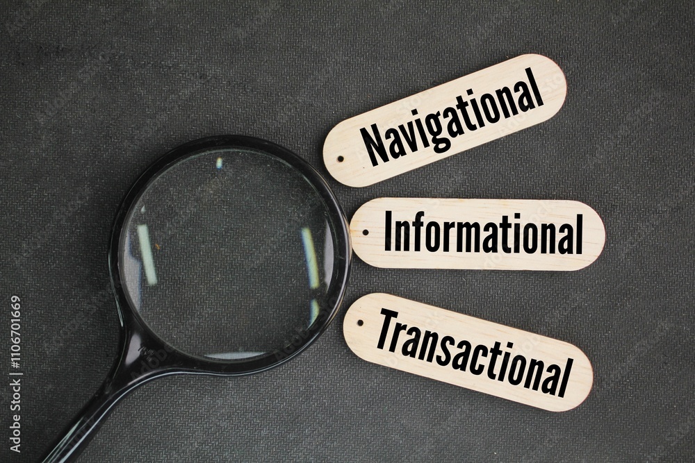 magnifying lens with three words navigational, informational and ...