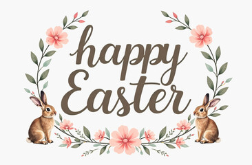 Wall Mural - Happy Easter symmetrical illustration with rabbits and flowers on white background. Holiday banner.