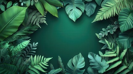 Green botanical background with lush leaves and dark green gradient, natural and elegant foliage frame, AI-generated