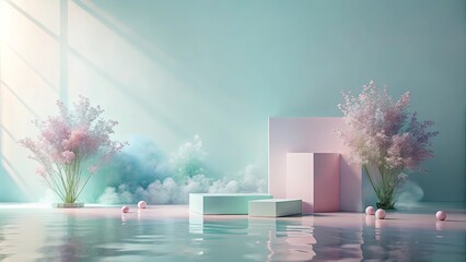 Wall Mural - pastel-hued display with minimal geometric platforms, delicate floral arrangements, and soft light r
