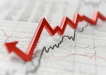 A 3D red arrow dramatically points downwards against a backdrop of fluctuating financial charts.  A visual representation of market decline.