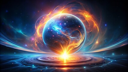 Wall Mural - a fiery celestial body hovers above a glowing planetary ring system in a vast, dark universe