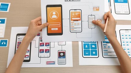 Startup company employee planning for user interface prototype for mobile application or website in office with model of program on desk. UX UI designer consider user friendly interface plan. Synergic