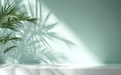 Aufkleber - Soft Green Light Filtering Through Palm Leaves on Pale Wall Minimalist Background