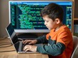 © Chalermrach - Young boy intensely focused on coding competition on laptop, solving complex challenges and developing innovative software solutions, kid, coding