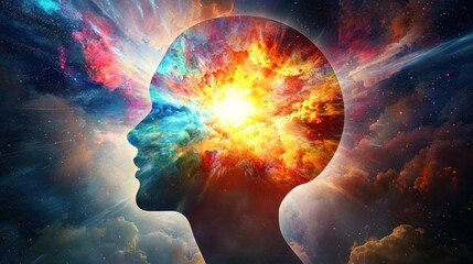 Wall Mural - Open mind with a head opening up to reveal a bright and colorful world of ideas