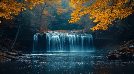 Wall Mural - Tranquil and Picturesque Waterfall Nestled in a Remote Autumnal Forest with Vibrant Foliage Framing the Serene Natural Wonder