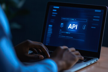 Male developer working on api interface on laptop in dark setting