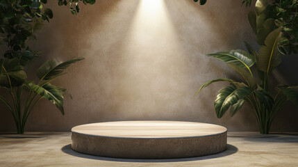 Wall Mural - podium for product display featuring smooth round surface, surrounded by lush green plants and illuminated by soft lighting, creating inviting atmosphere