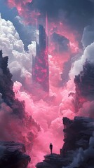 Canvas Print - Pink Fantasy Cloudscape: Towering Structure and Solitary Figure