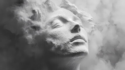 Wall Mural - A serene, sculpted face emerges from a cloud of dust, evoking themes of transformation and ethereality in a monochromatic setting. Ethereality. Illustration
