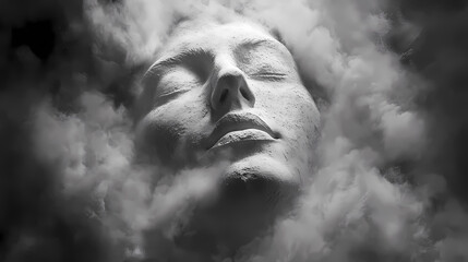 Wall Mural - A serene, sculpted face emerges from a cloud of dust, evoking themes of transformation and ethereality in a monochromatic setting. Ethereality. Illustration