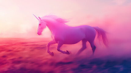 Wall Mural - blurry pink unicorn in motion captured by drone photography amidst a dreamy landscape of soft colors