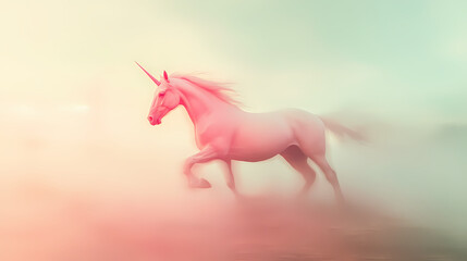 Wall Mural - blurry pink unicorn in motion captured by drone photography amidst a dreamy landscape of soft colors