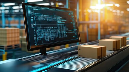 an image of a computer monitor with a CAD program showing a distribution center conveyor layout including packages on the conveyor