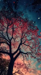 Wall Mural - Pink Tree Silhouette Under a Starry Night Sky