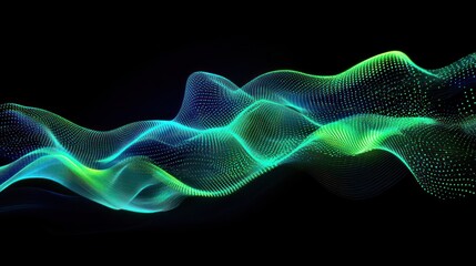 Dynamic digital wave of bright particles, neon green and blue, high contrast, 