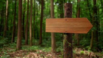 Wall Mural - A wooden directional sign points through a lush green forest, surrounded by tall trees and nature's tranquility.