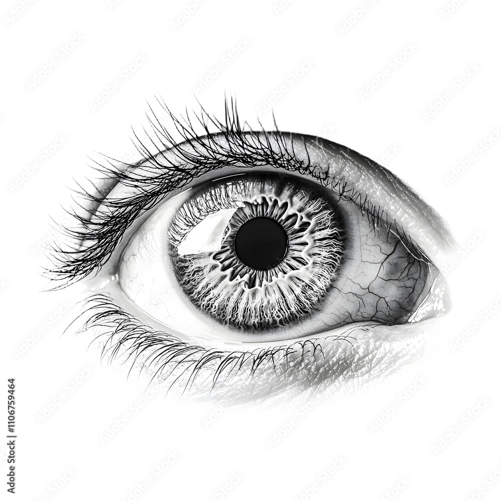 A stylized black and white close up image of a human eye with detailed ...