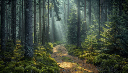  An enchanting Scandinavian forest path surrounded by dense foliage, tall coniferous trees, and thick moss, with soft rays of sunlight breaking through the canopy.