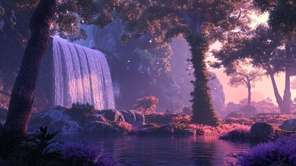 Poster - Enchanted Waterfall: A Dreamlike Landscape of Purple Hues