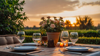 Wall Mural - Table setting for dinner in the garden at sunset. Selective focus