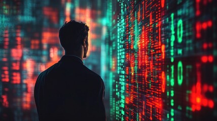 A businessman in a dark suit stands in front of a wall of digital code, analyzing data.